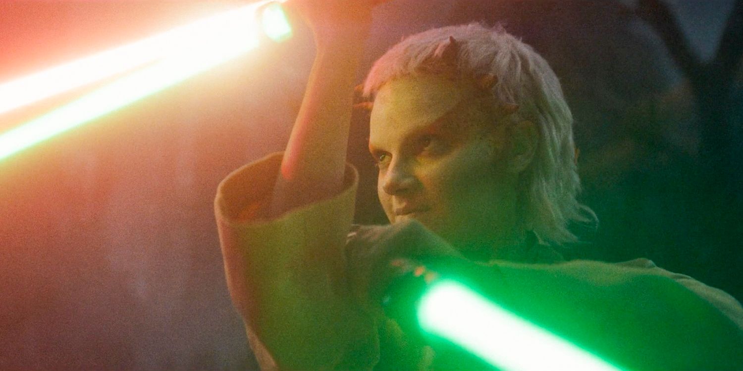 Jecki Lon (Dafne Keen) fighting with two lightsabers in The Acolyte season 1 episode 5