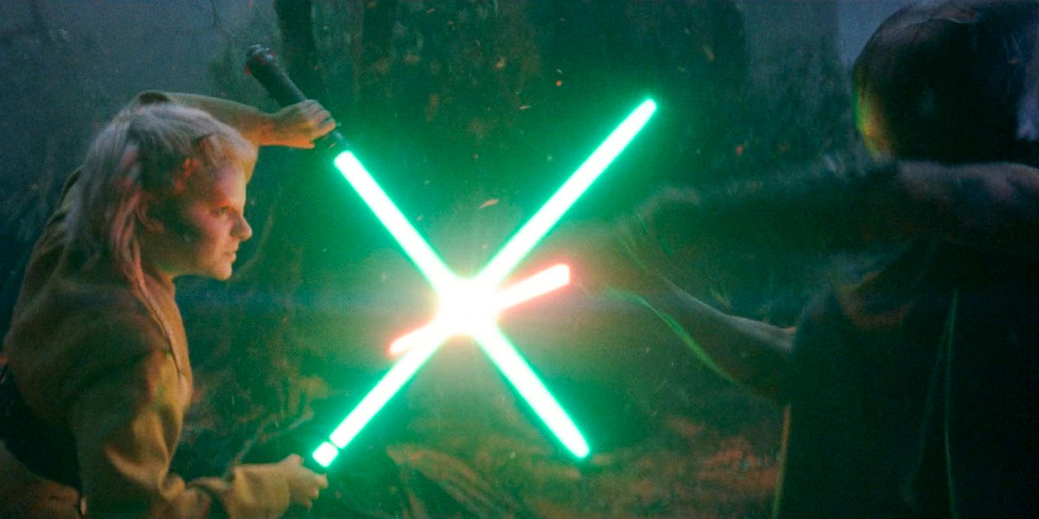 Jecki Lon (Dafne Keen) using two lightsabers to fight against the Sith in The Acolyte season 1 episode 5