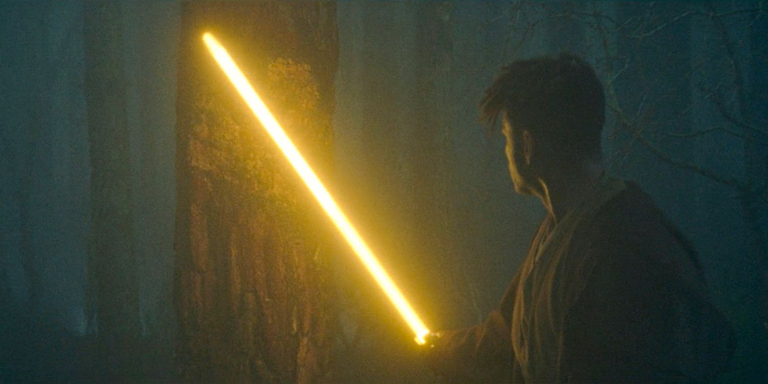 Yord Fandar (Charlie Barnett) lighting his way with his lightsaber in The Acolyte season 1 episode 5