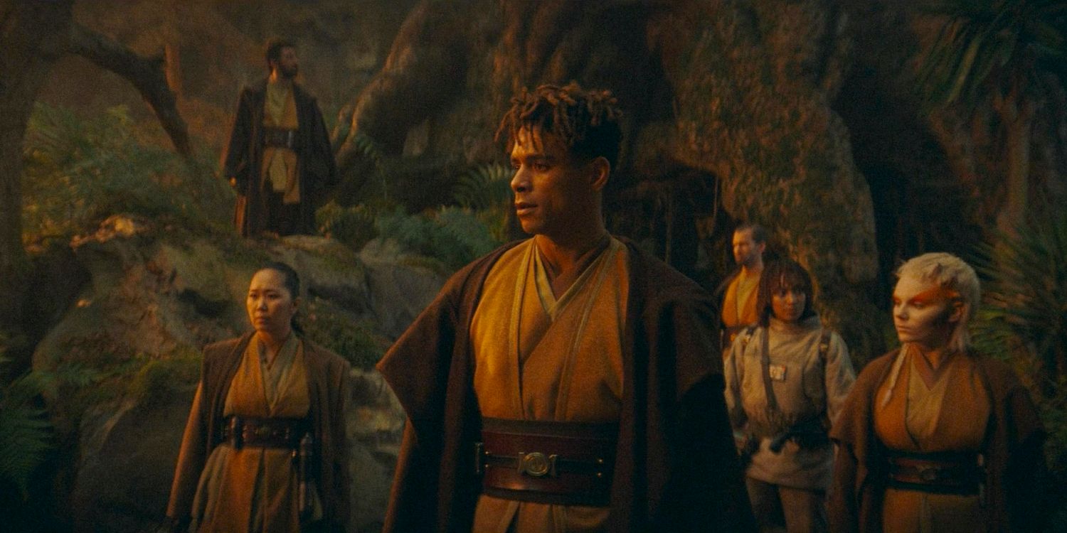 Yord Fandar (Charlie Barnett) leading the Jedi team in their search for Kelnacca in the forest in The Acolyte season 1 episode 4