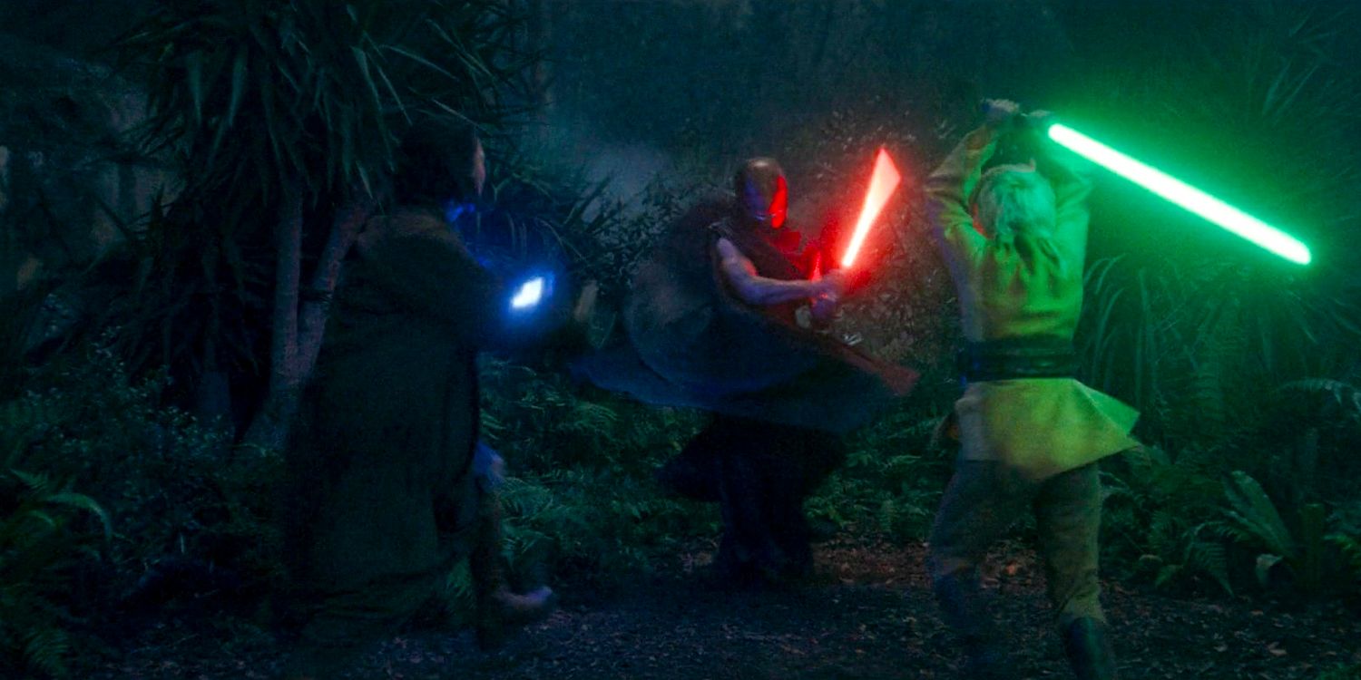 Master Sol and Jecki Lon in a lightsaber duel against the Sith in The Acolyte season 1 episode 5