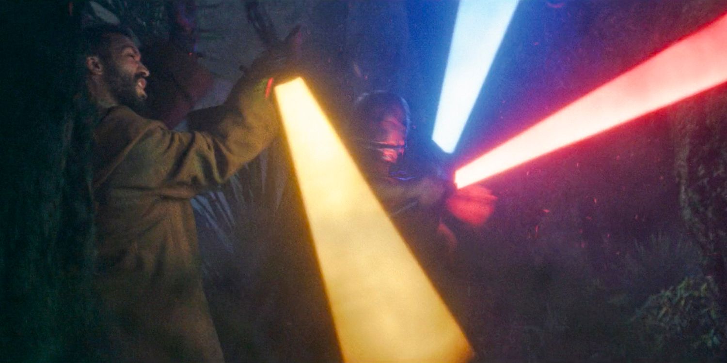 A lightsaber battle between the Jedi and the Sith in Khofar in The Acolyte season 1 episode 5