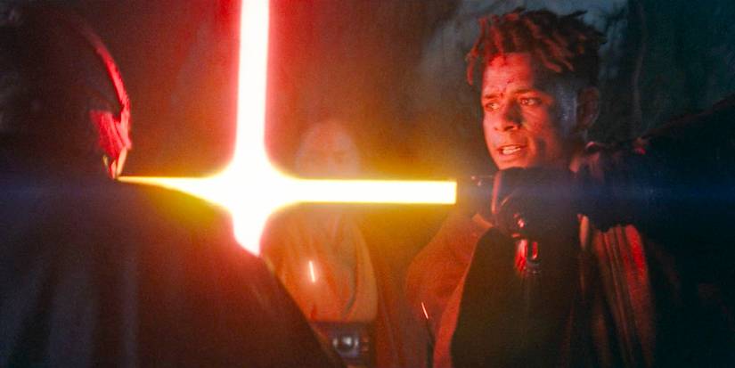 Yord Fandar (Charlie Barnett) struggling with his lightsaber against the Sith in The Acolyte season 1 episode 5