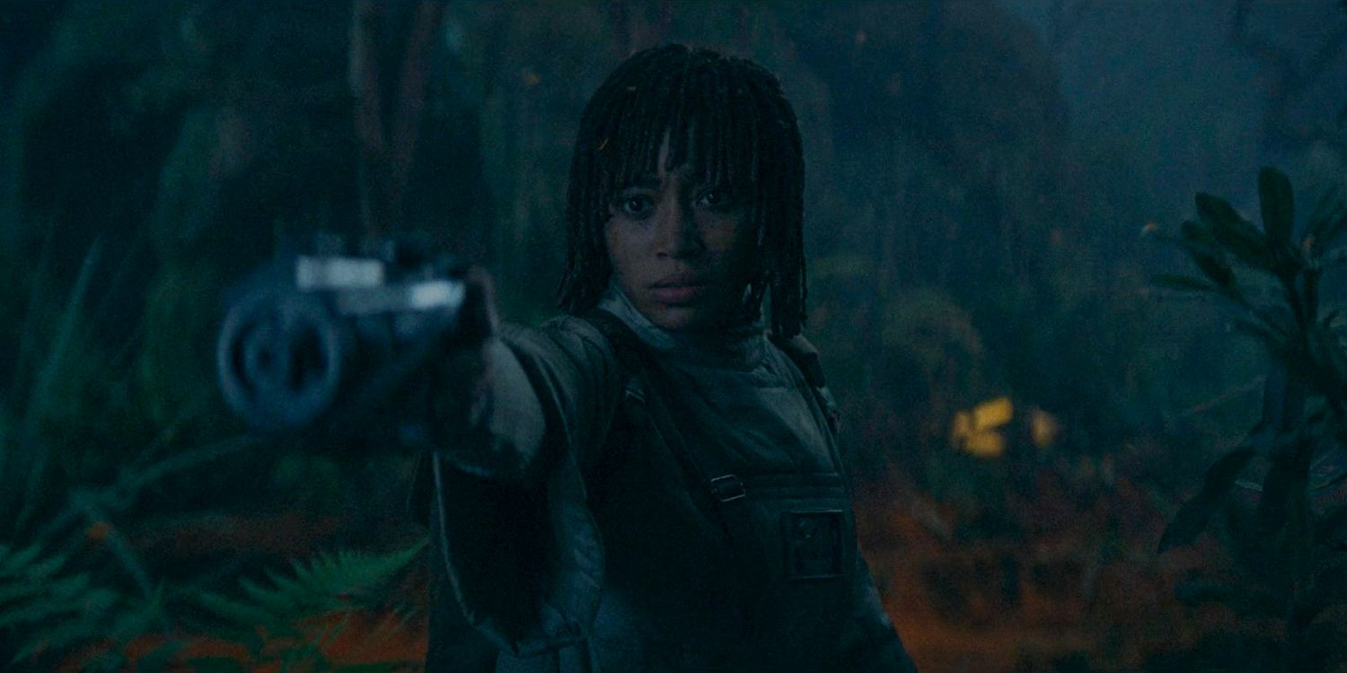 Osha (Amandla Stenberg) pointing a weapon in The Acolyte season 1 episode 5