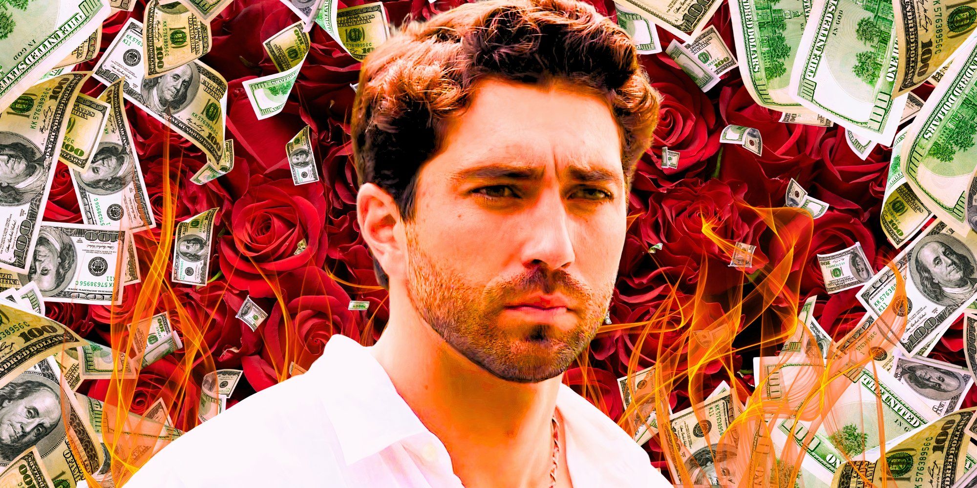 The Bachelor's Joey Graziadei with rose and money behind him.