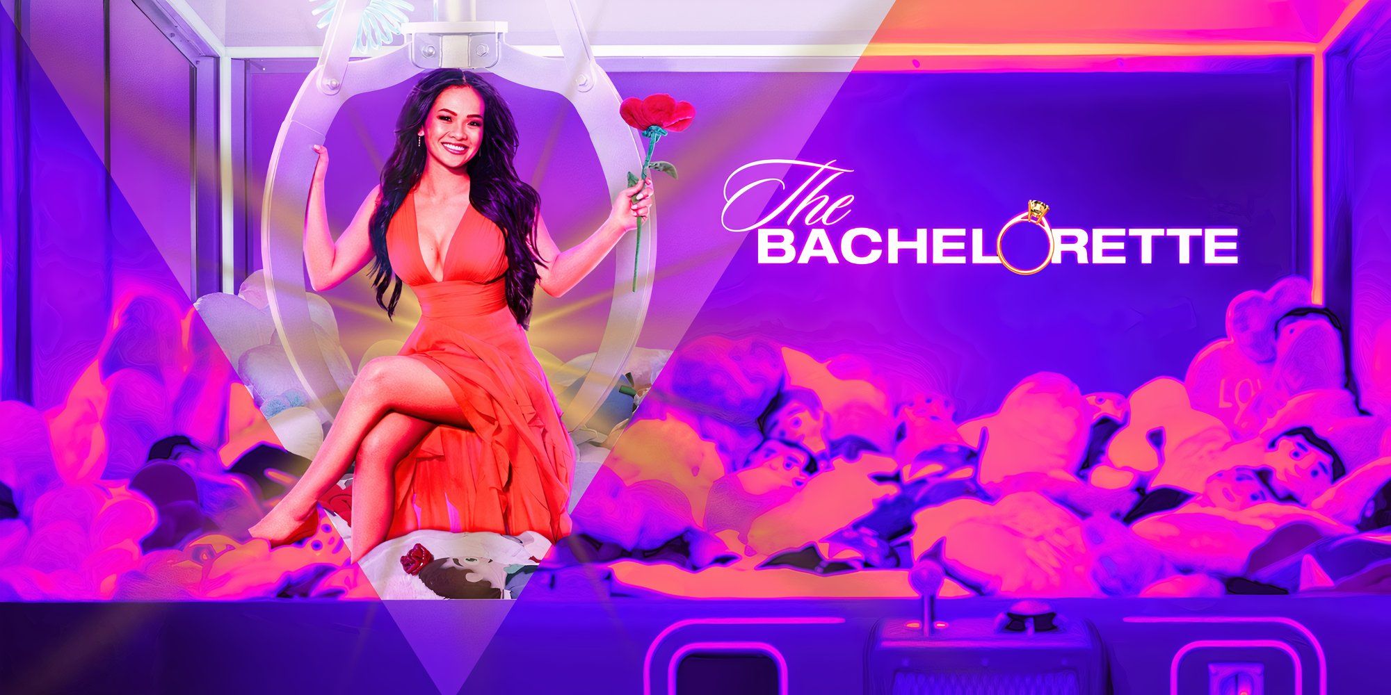 The Bachelorette's Jenn Tran holds roses while sitting in a giant mechanical claw.