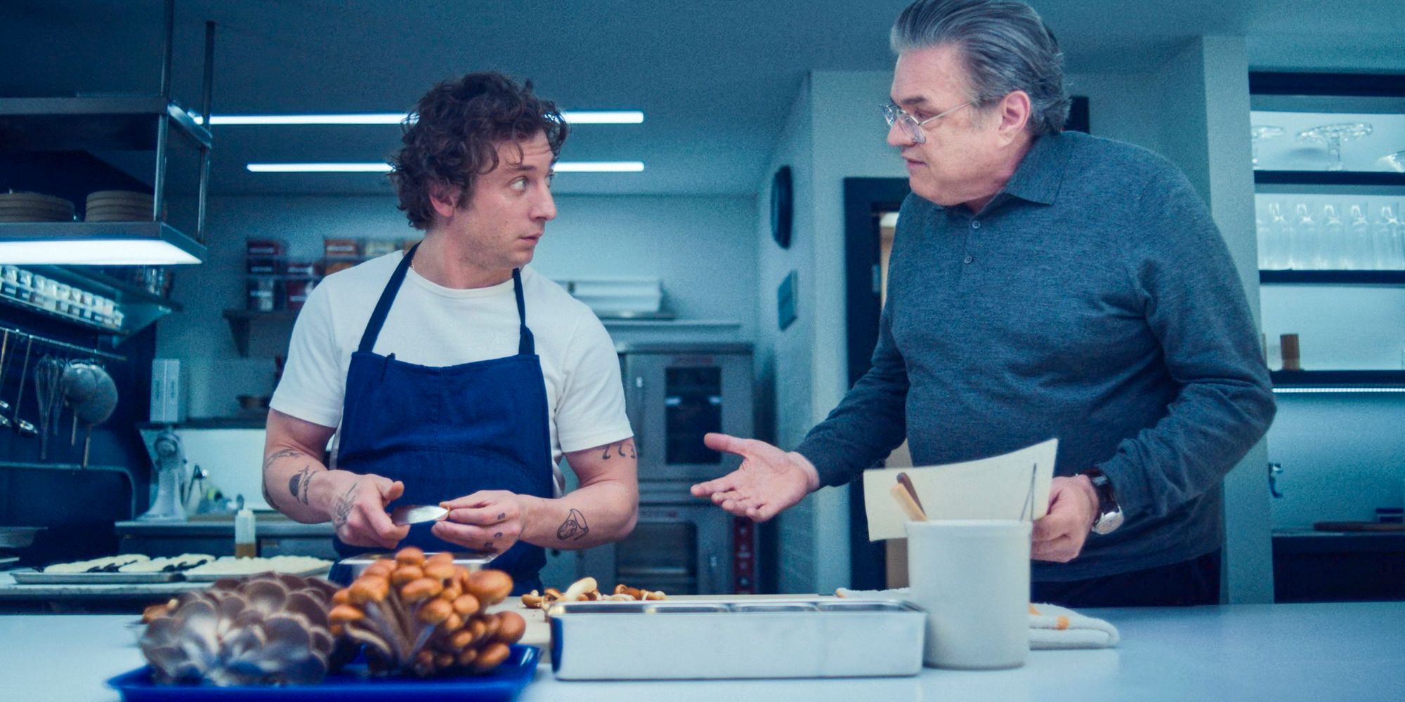 Carmy (Jeremy Allen White) and Uncle Jimmy (Oliver Platt) arguing about prices in he Bear Season 3 Episode 3