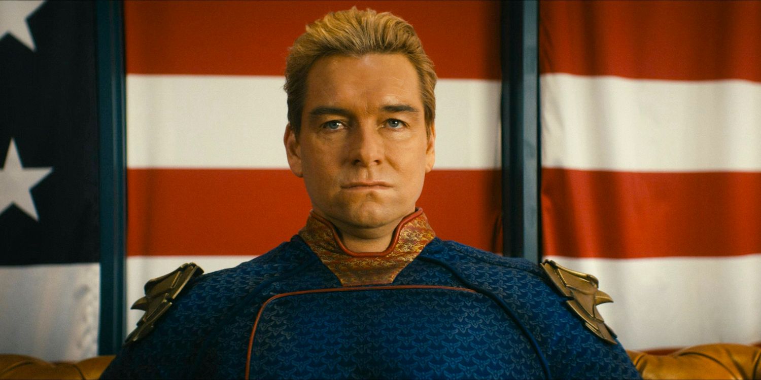 Homelander (Antony Starr) looking annoyed with the American flag behind him in The Boys season 4 episode 1