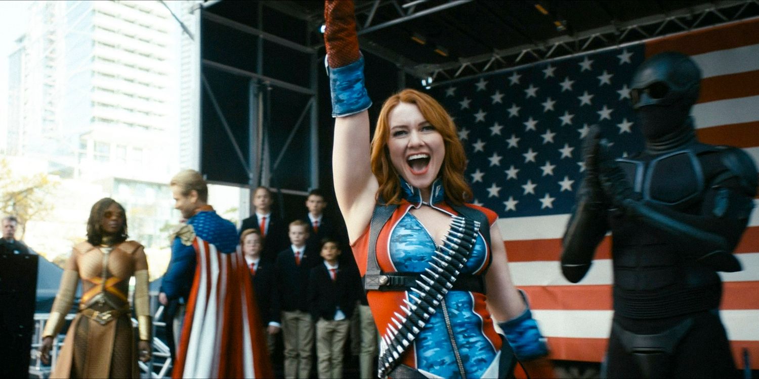 Firecracker (Valorie Curry) waving to the audience during her presentation as a new member of The Seven in The Boys