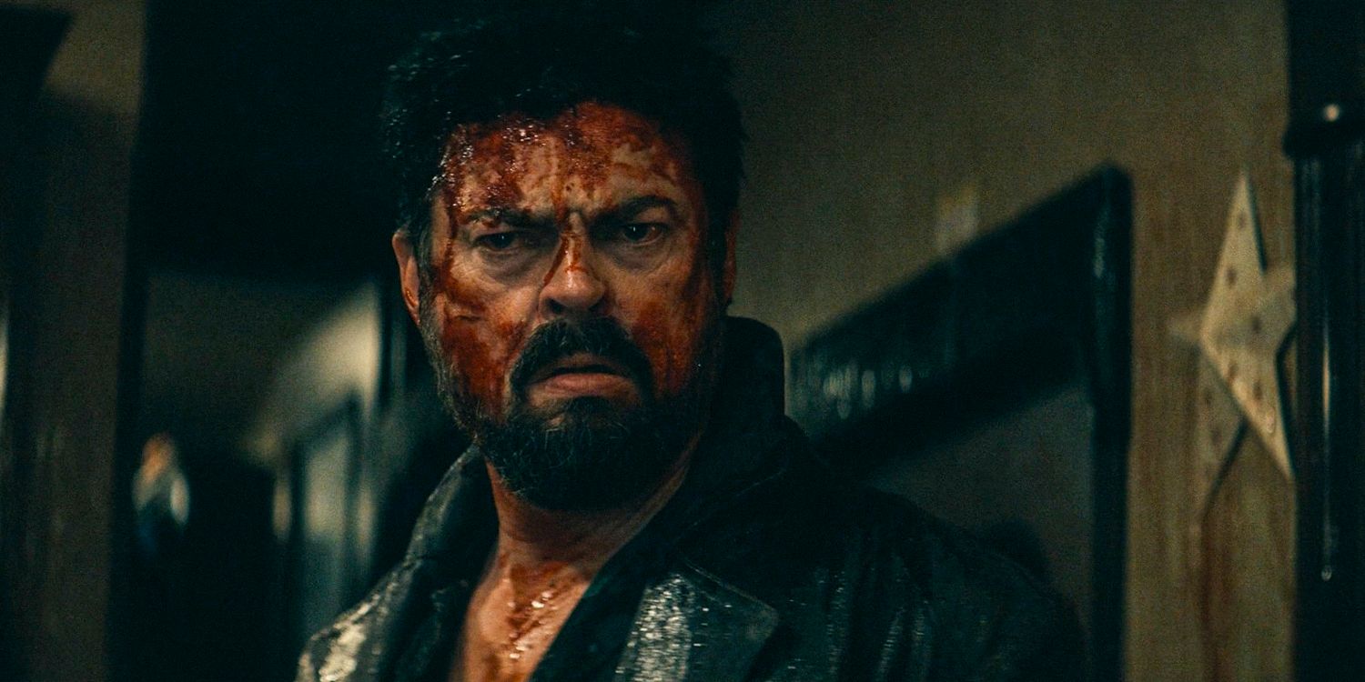 Butcher (Karl Urban) with his face splattered with blood in The Boys season 4 episode 5