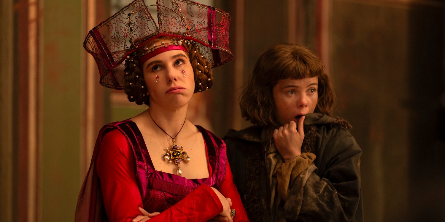 Pampinea (Zosia Mamet) appearing bored and Misia (Saoirse-Monica Jackson) by her side in The Decameron season 1