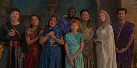 The Eternals celebrating Sersi and Ikaris' wedding in Eternals