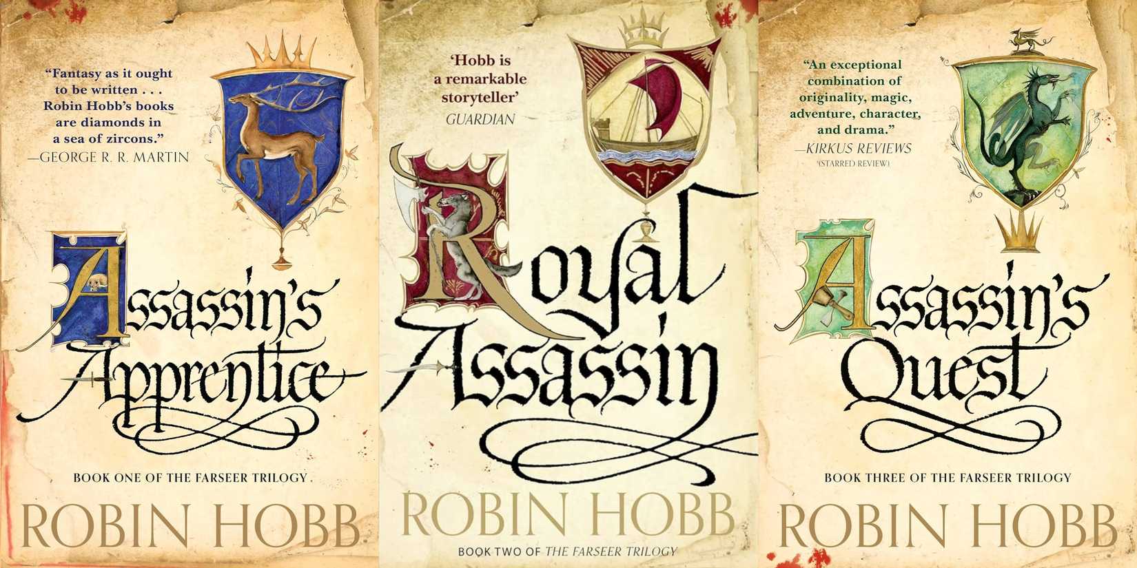 The covers of Assassin's Apprentice, Royal Assassin, and Assassin's Quest by Robin Hobb