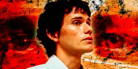 Blended image of the Ice Truck Killer overtop a graphic of Dexter's eyes in Dexter