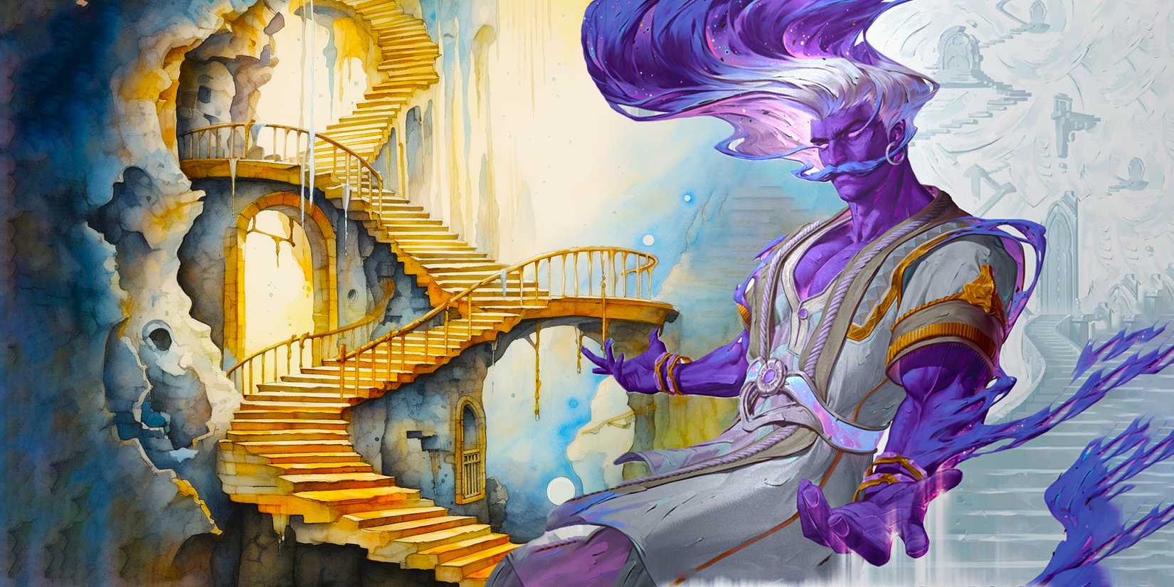 The genie Rafas in front of The Infinite Staircase from D&D.