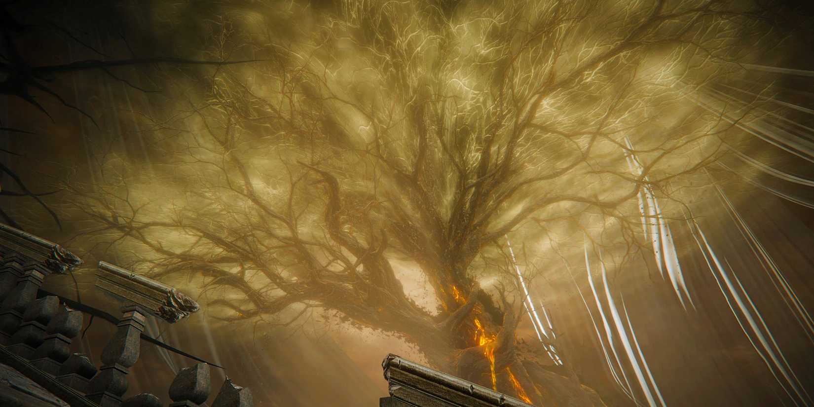 New Elden Ring Leak Reveals Important Lore Moment 1 The Scadutree with bolts of cloth emanating from it in a screenshot from Elden Ring's DLC.