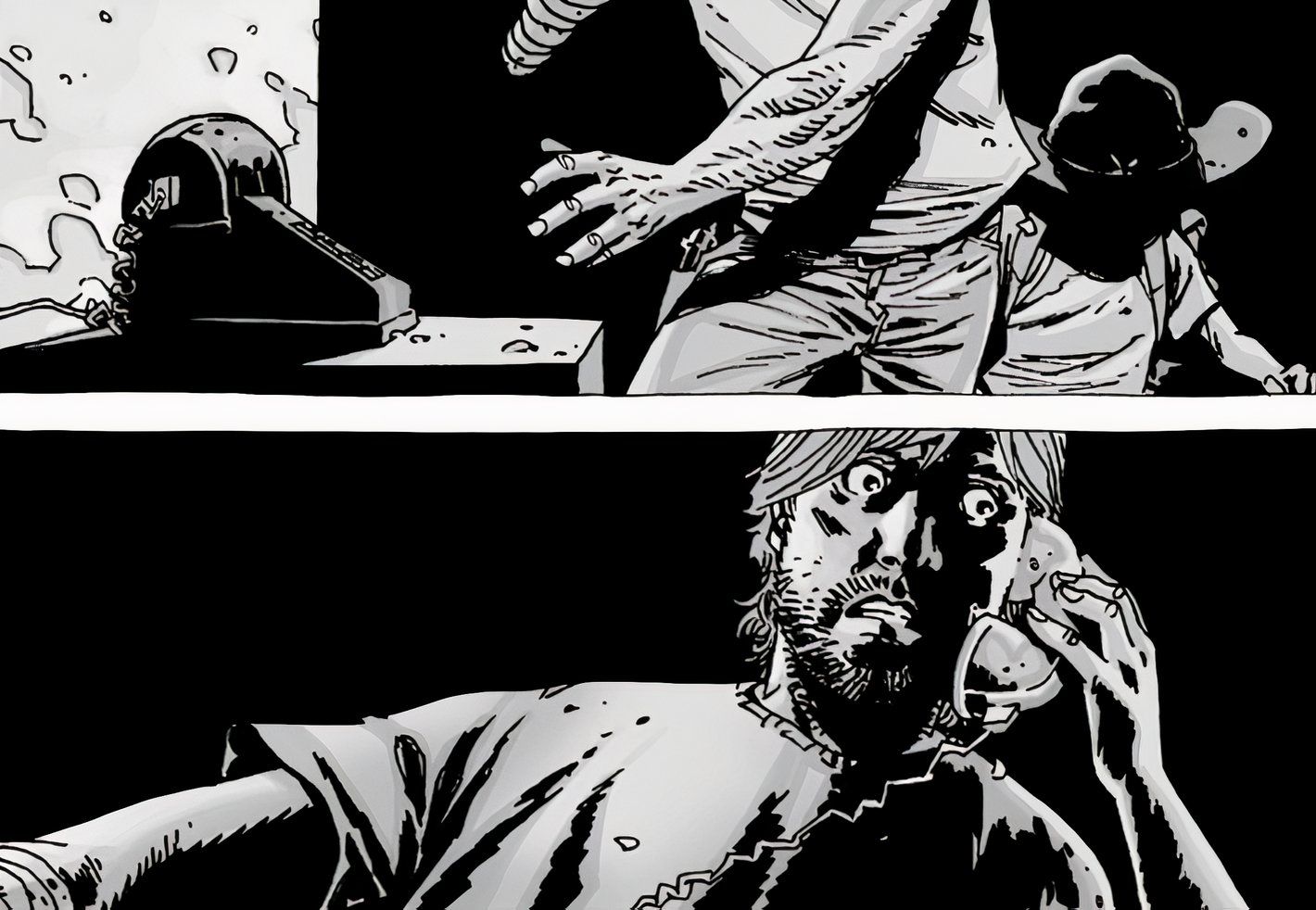 The Walking Dead #51, a terrified looking Rick Grimes answers a ringing phone in an old abandoned house