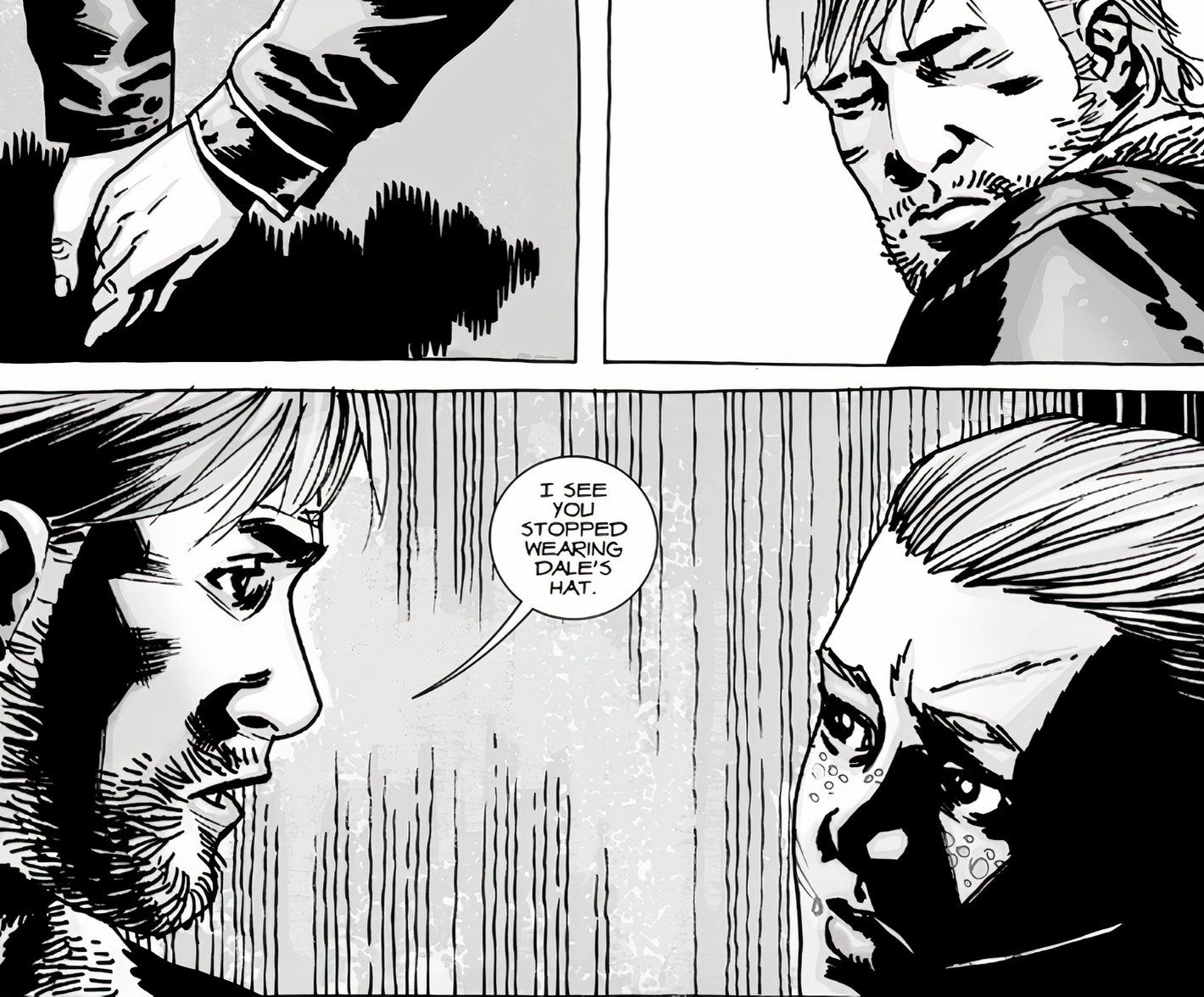 The Walking Dead #91, Rick tells Andrew he notices she stopped wearing Dale's hat