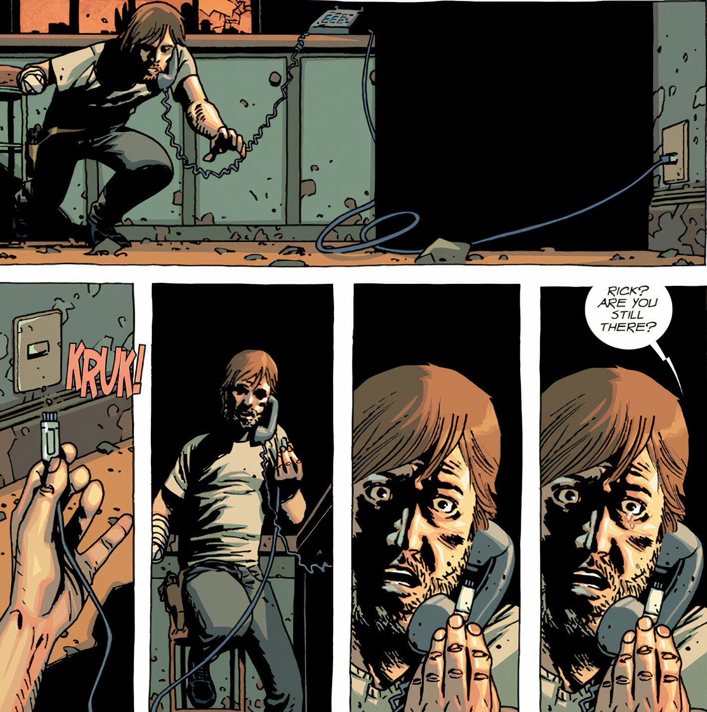 The Walking Dead Deluxe #51, Rick Grimes realizes the phone he is using isn't even plugged in