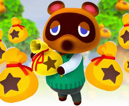 Том Нок из Animal Crossing с большим количеством белл