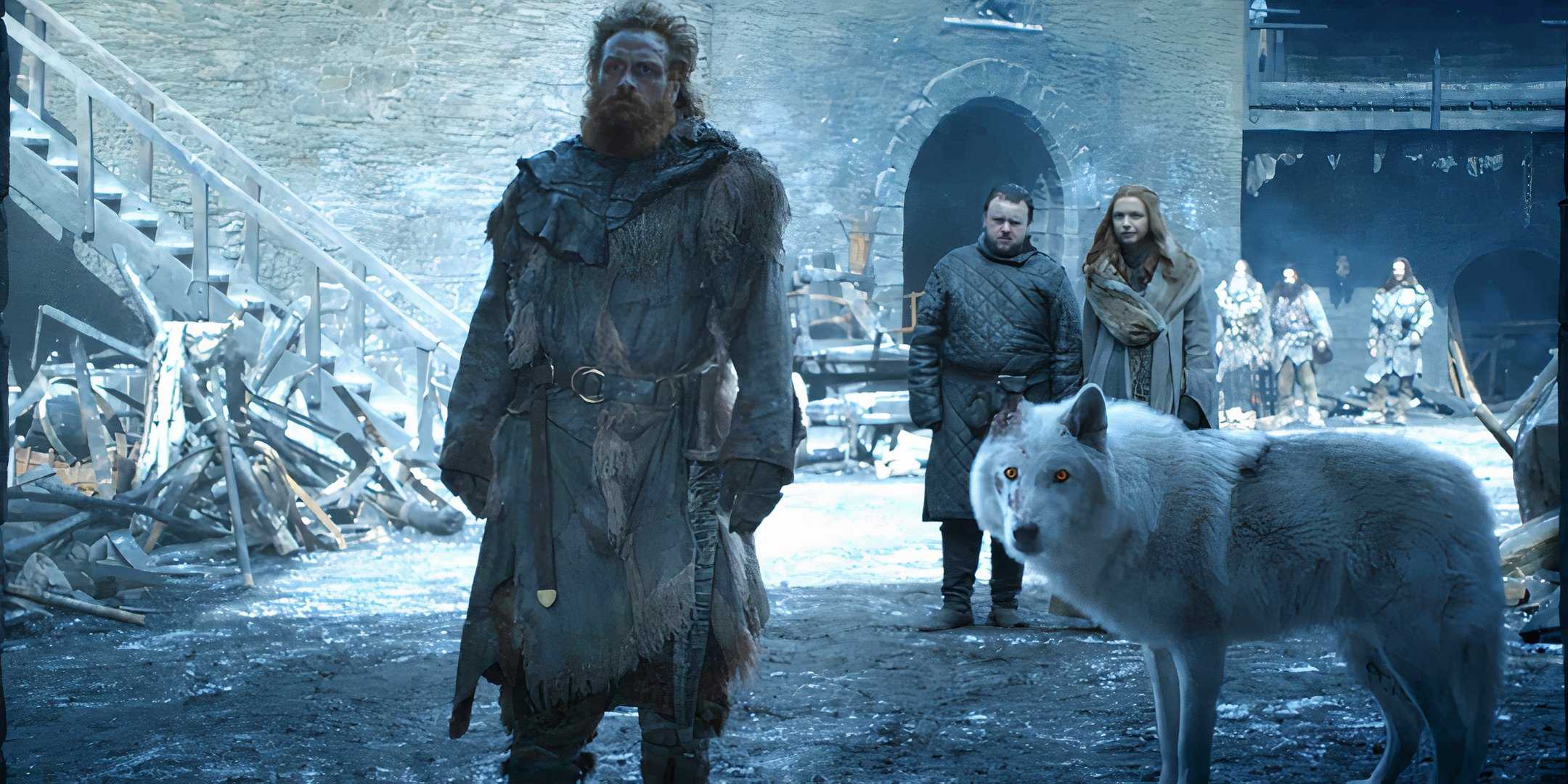Tormund and Ghost watching Jon Snow leave Winterfell in Game of Thrones season 8