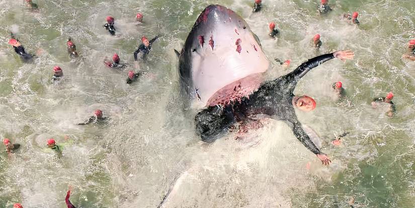 A Shark with a Triathlon Swimmer in Its Mouth in Under Paris