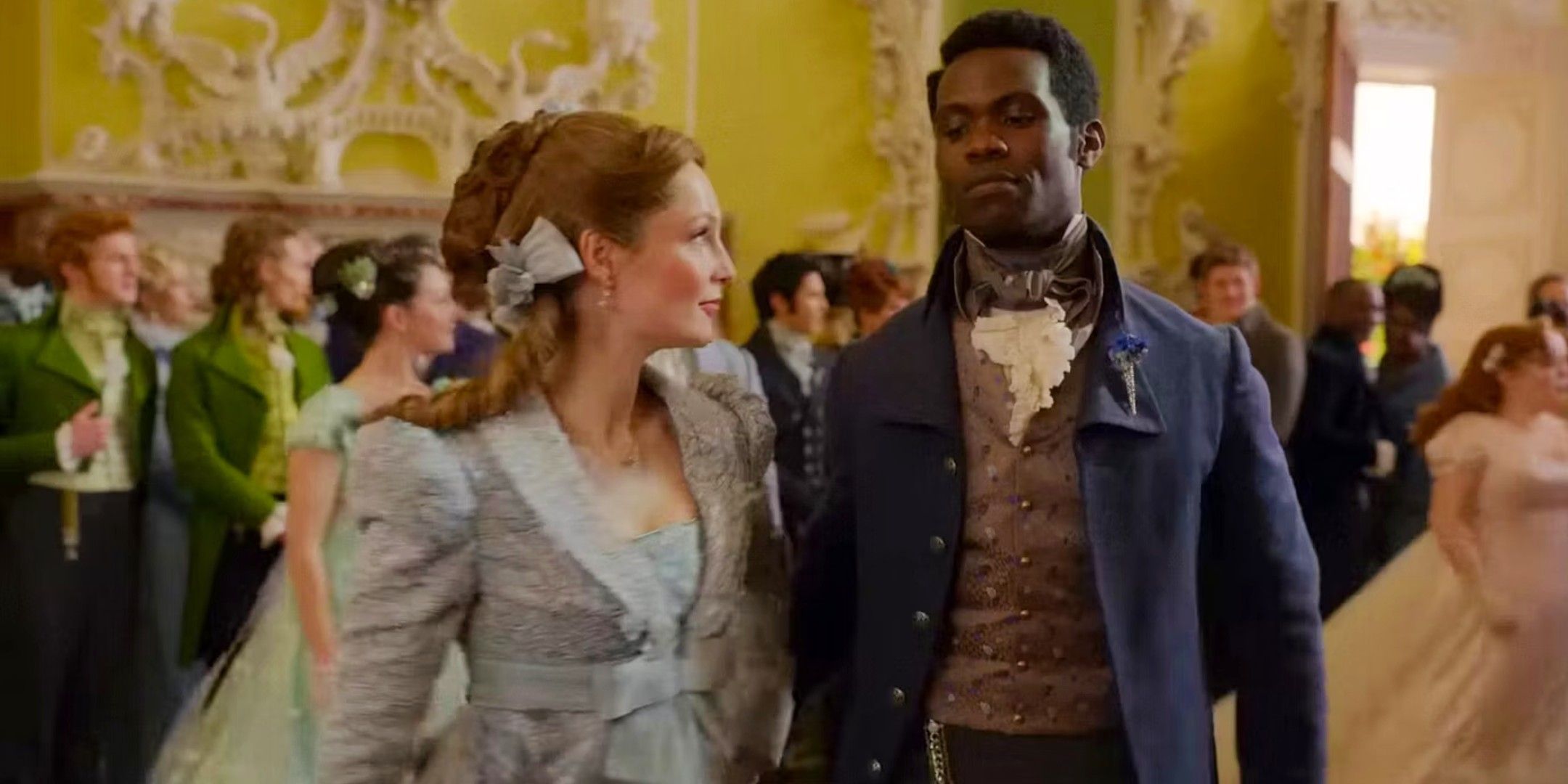 Francesca Bridgerton (Hannah Dodd) and John Stirling (Victor Alli) at a ball in Bridgerton season 3 Part 2