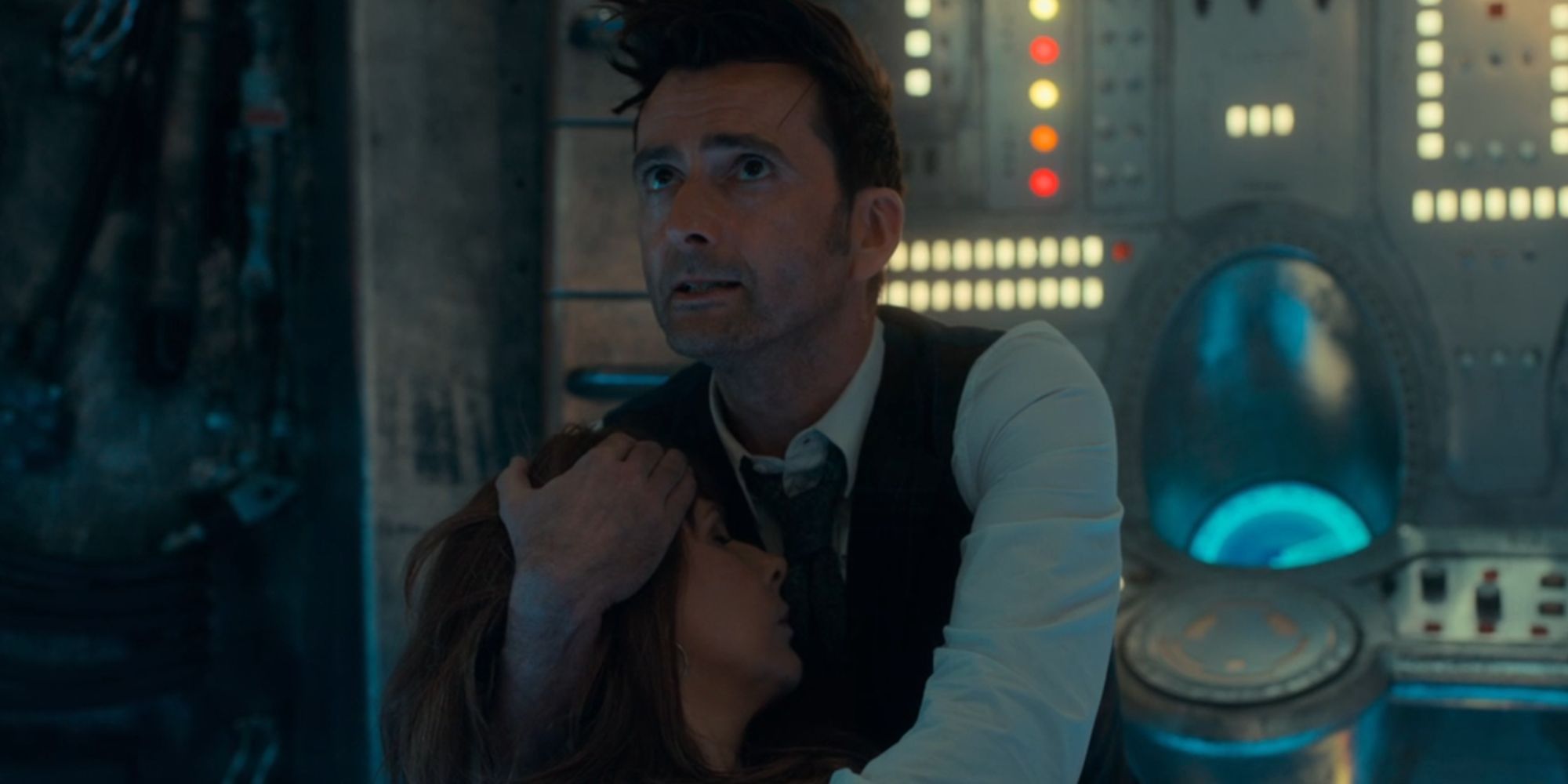 David Tennant as the Fourteenth Doctor cradling Catherin Tate's Donna Noble in Doctor Who