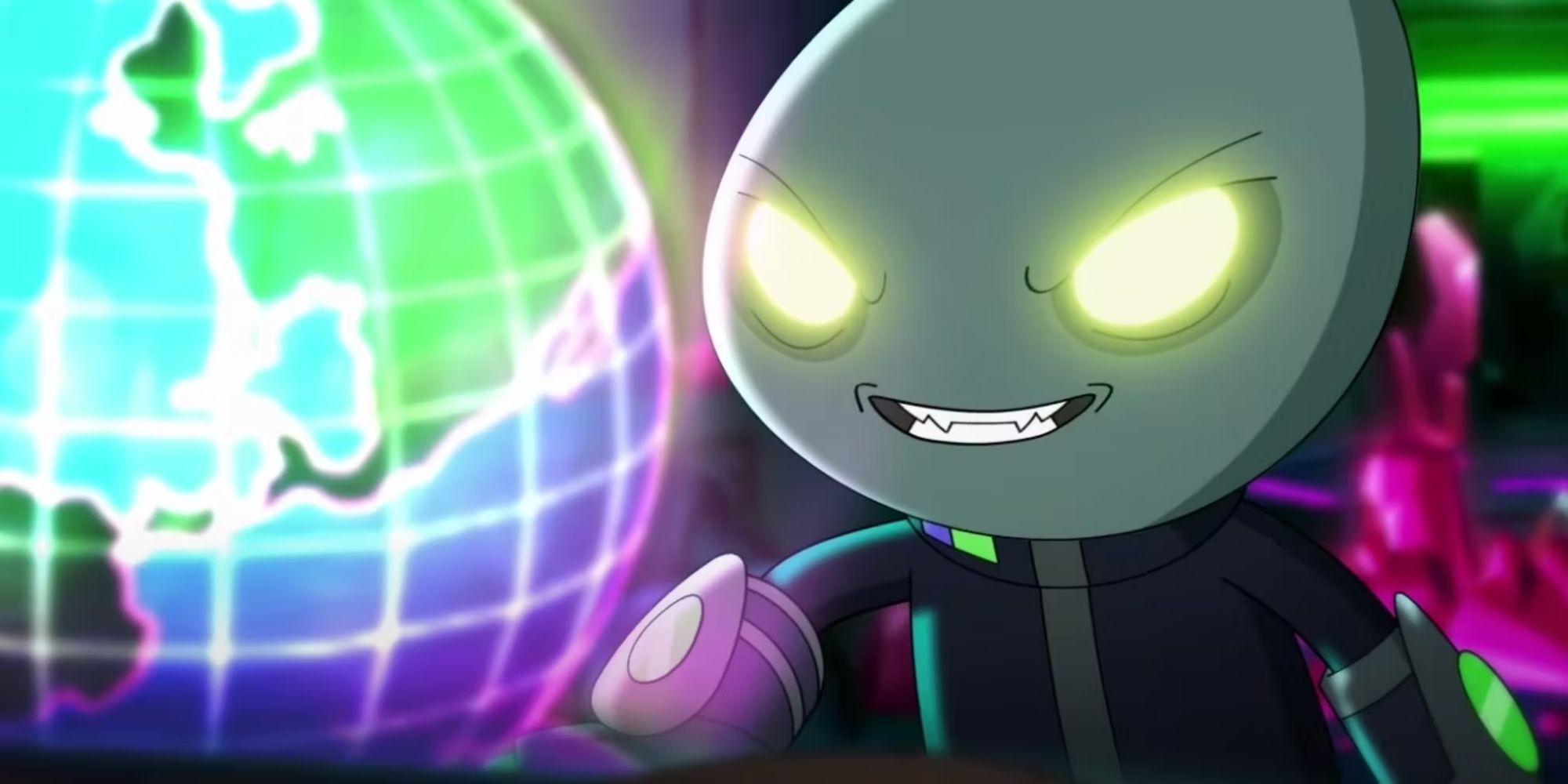 The Lord Commander with glowing eyes as he looks at a hologram of the moon in Final Space