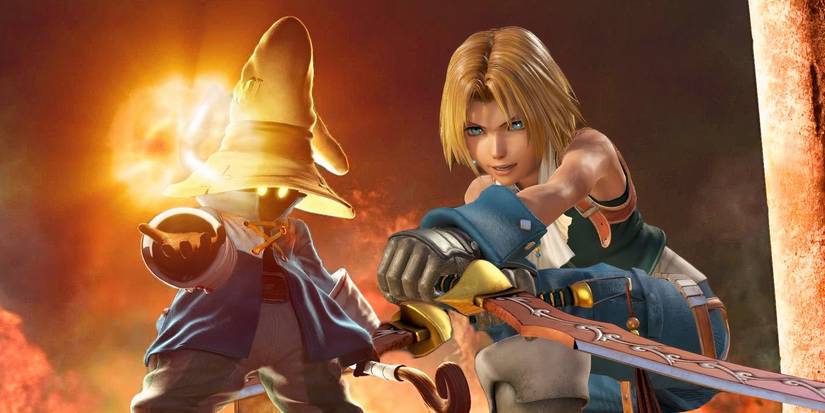 Vivi casting a fireball and Zidane crouching with double blades in screenshots from various remastered versions of these original Final Fantasy 9 characters.