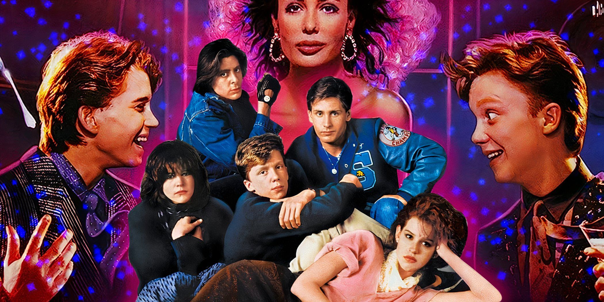 Characters from Weird Science and The Breakfast Club in front of a purple background