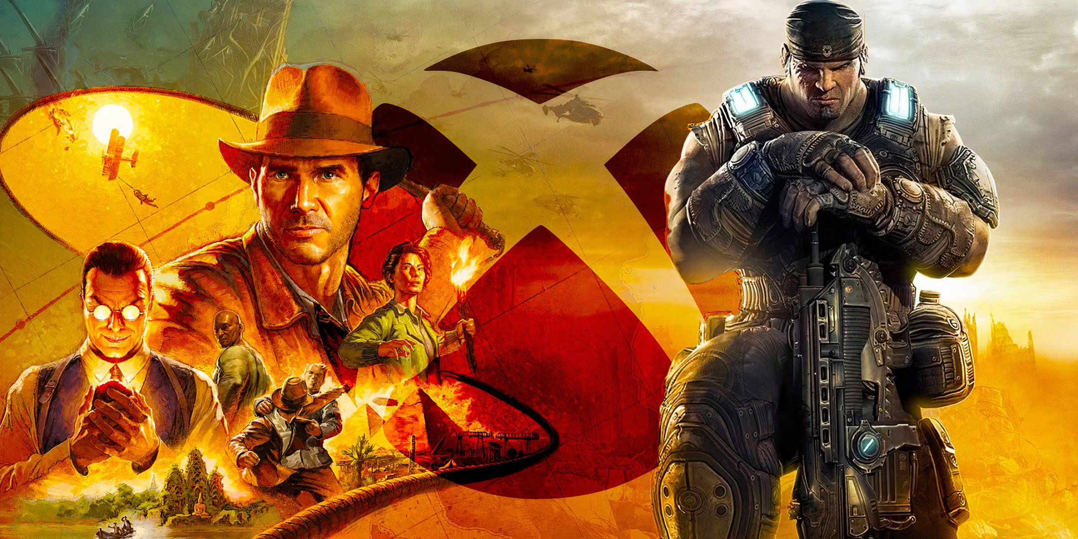 Xbox logo featuring Kiart from Indiana Jones and the Great Circle, and Marcus Fenix ​​from Gears of War