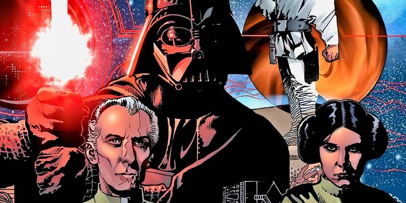 Darth Vader, Tarkin, and Leia Organa from Star Wars all standing together.