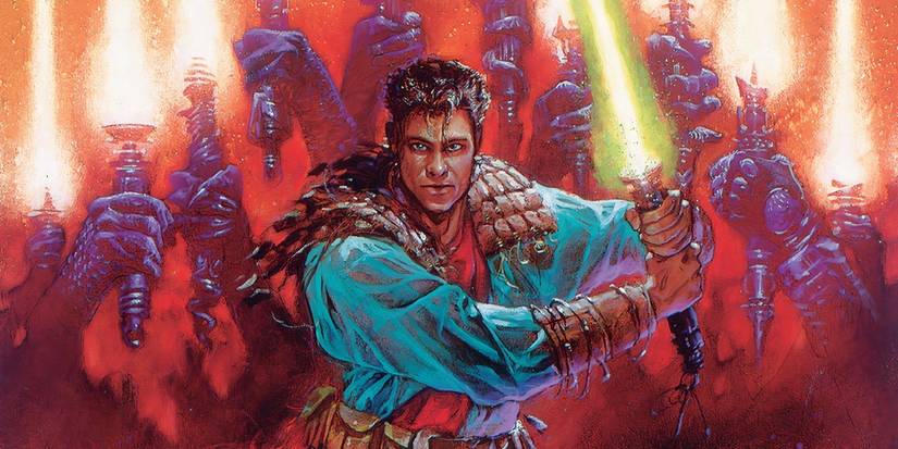 A Jedi from Star Wars: Tales of the Jedi wielding a green lightsaber, surrounded by other Jedi holding up their lightsabers.