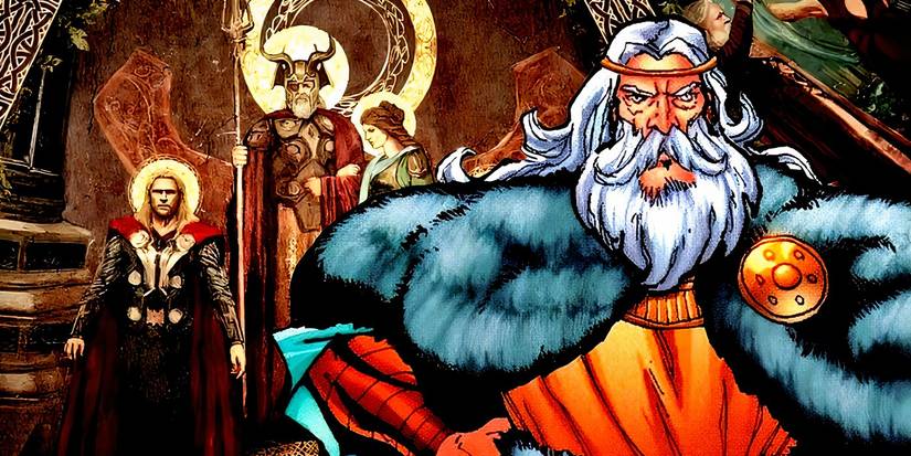 Buri standing in front of a portrait of Thor, Odin, and Frigga.