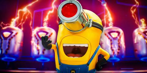 Mel with laser eye as a Mega Minion in Despicable Me 4 and transformation pods