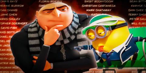 Gru and Minion in Despicable Me 4 with credits behind them