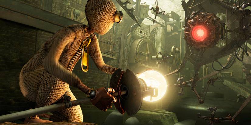 O boneco 9 encarando uma máquina no filme de animação de 2009