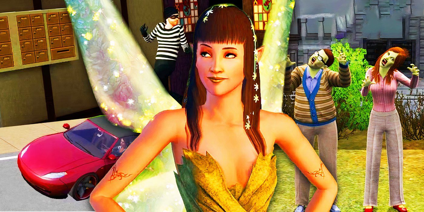 Автомобиль, фея, вор и зомби из *The Sims 3*.
