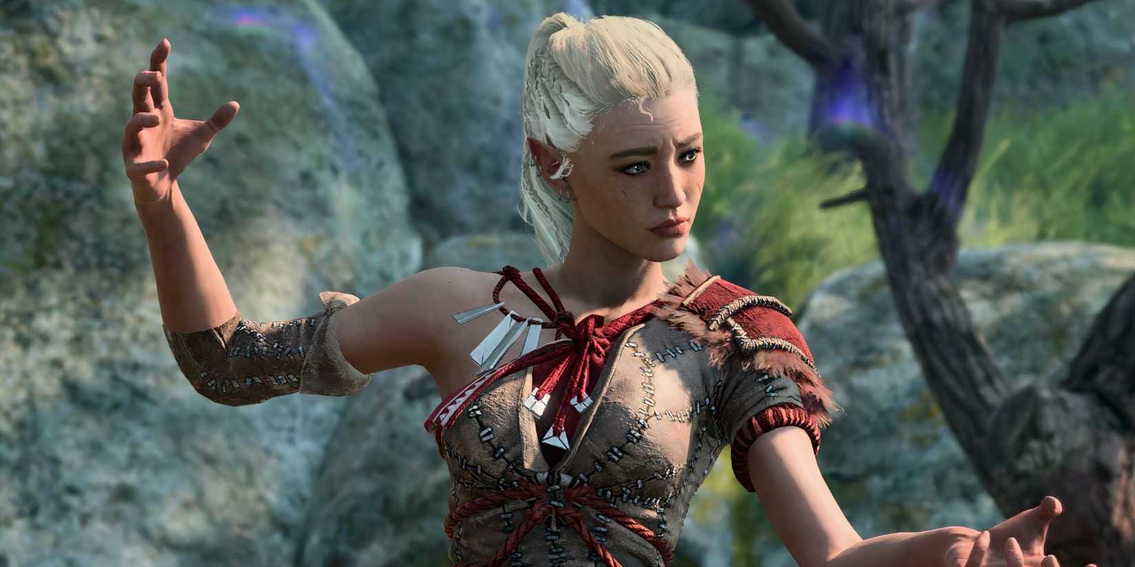A half-elf monk in Baldur's Gate 3 doing a meditative pose, arms outstretched.
