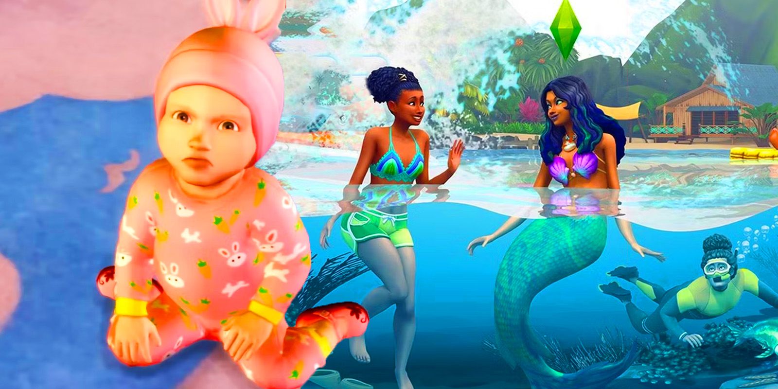 Розовый младенец из Sims 4 слева и русалка, разговаривающая с симом, в то время как другой сим плавает позади них.
