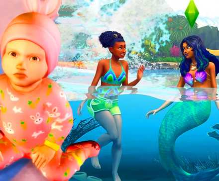 Розовый младенец из Sims 4 слева и русалка, разговаривающая с симом, в то время как другой сим плавает позади них.