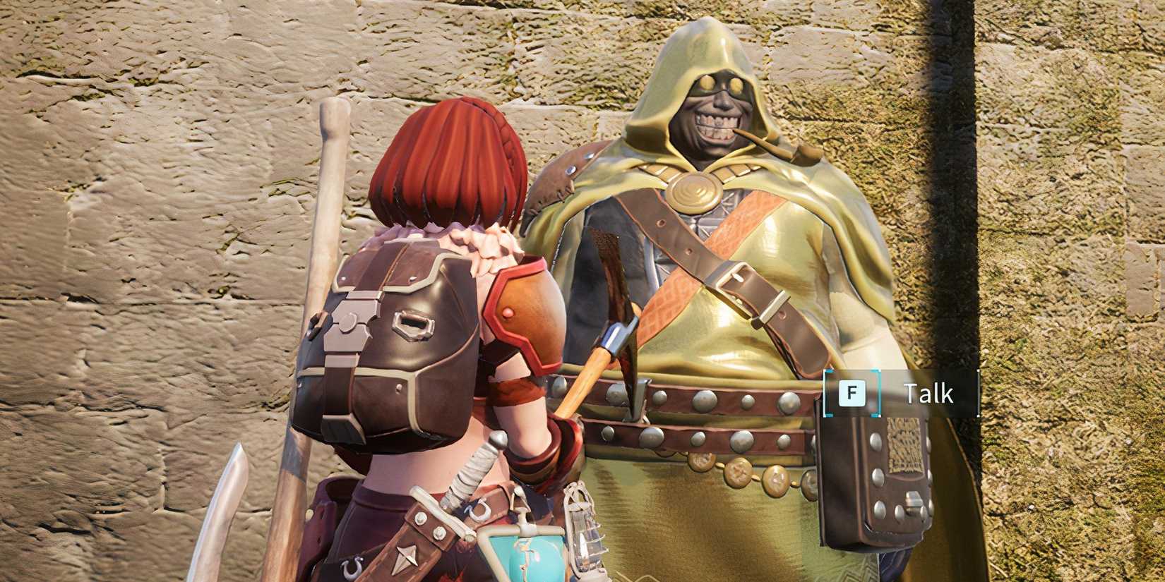 A player character with a red bob standing in front of a gold-robed merchant in a screenshot from Palworld.