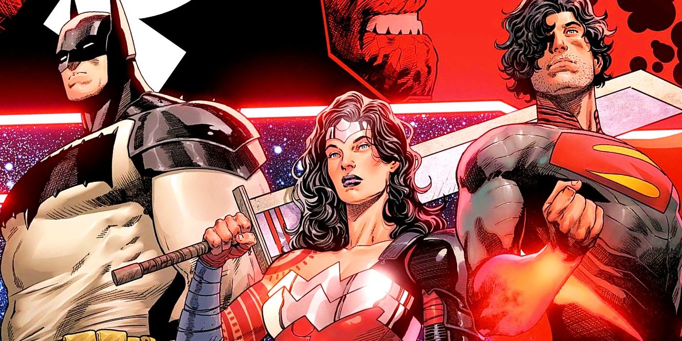 Arte em quadrinhos: as versões do Universo Absoluto do Batman, Mulher-Maravilha e Superman brilham ameaçadoramente.