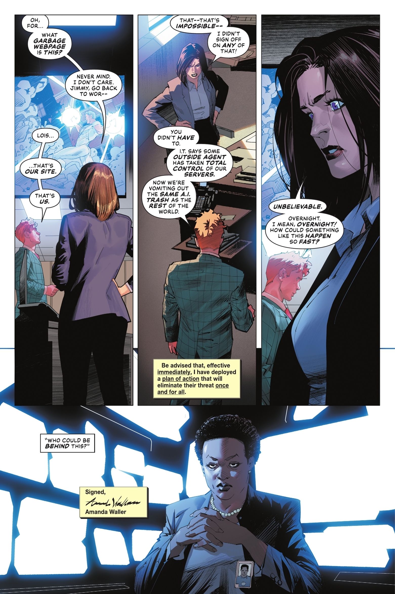 Poder Absoluto nº 1, Amanda Waller hackeia o Planeta Diário para espalhar desinformação.