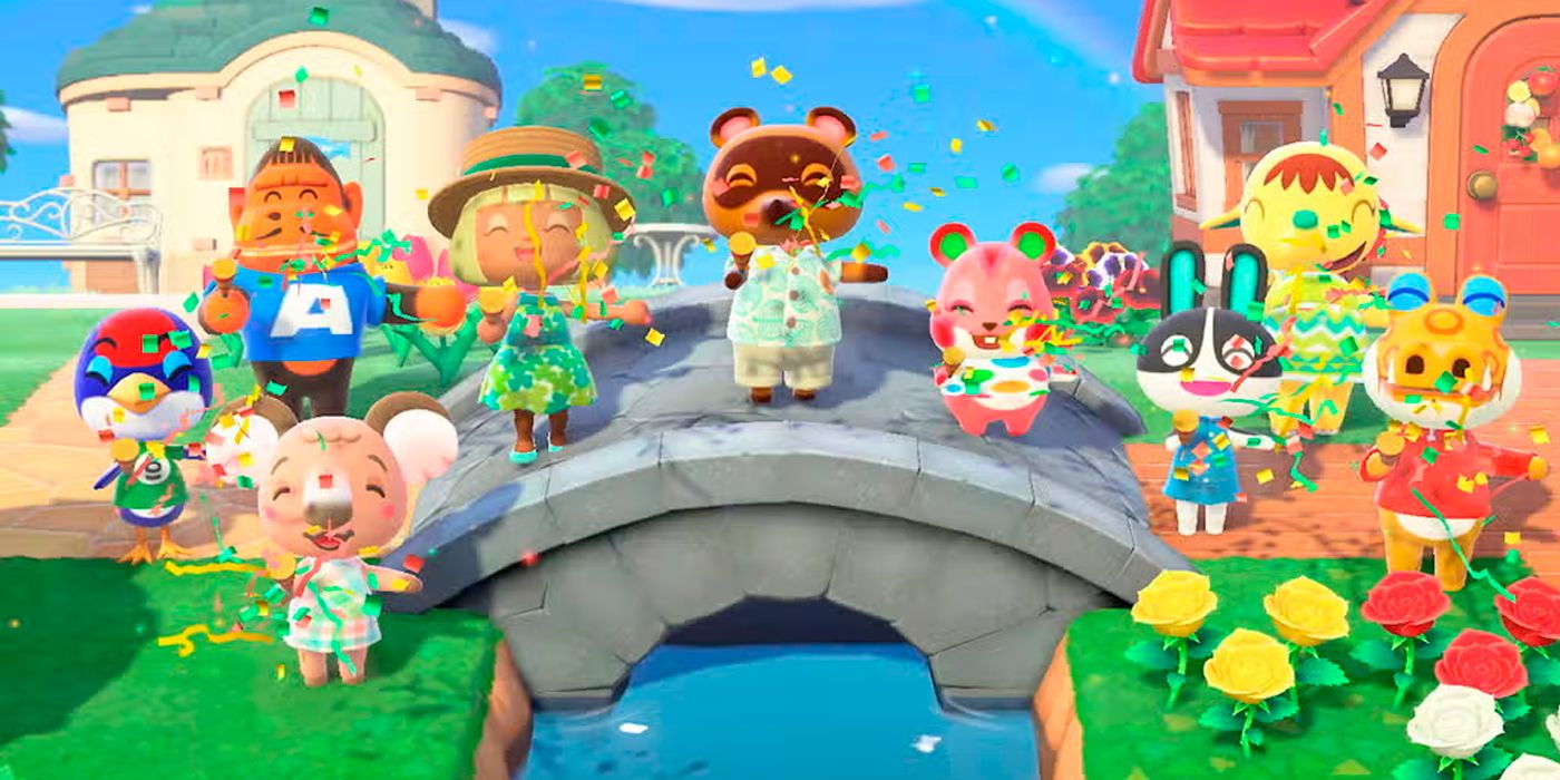 Villager celebrating with her animal neighbors on a bridge in Animal Crossing: New Horizons.