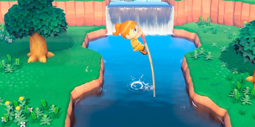A villager jumping a river with a pole