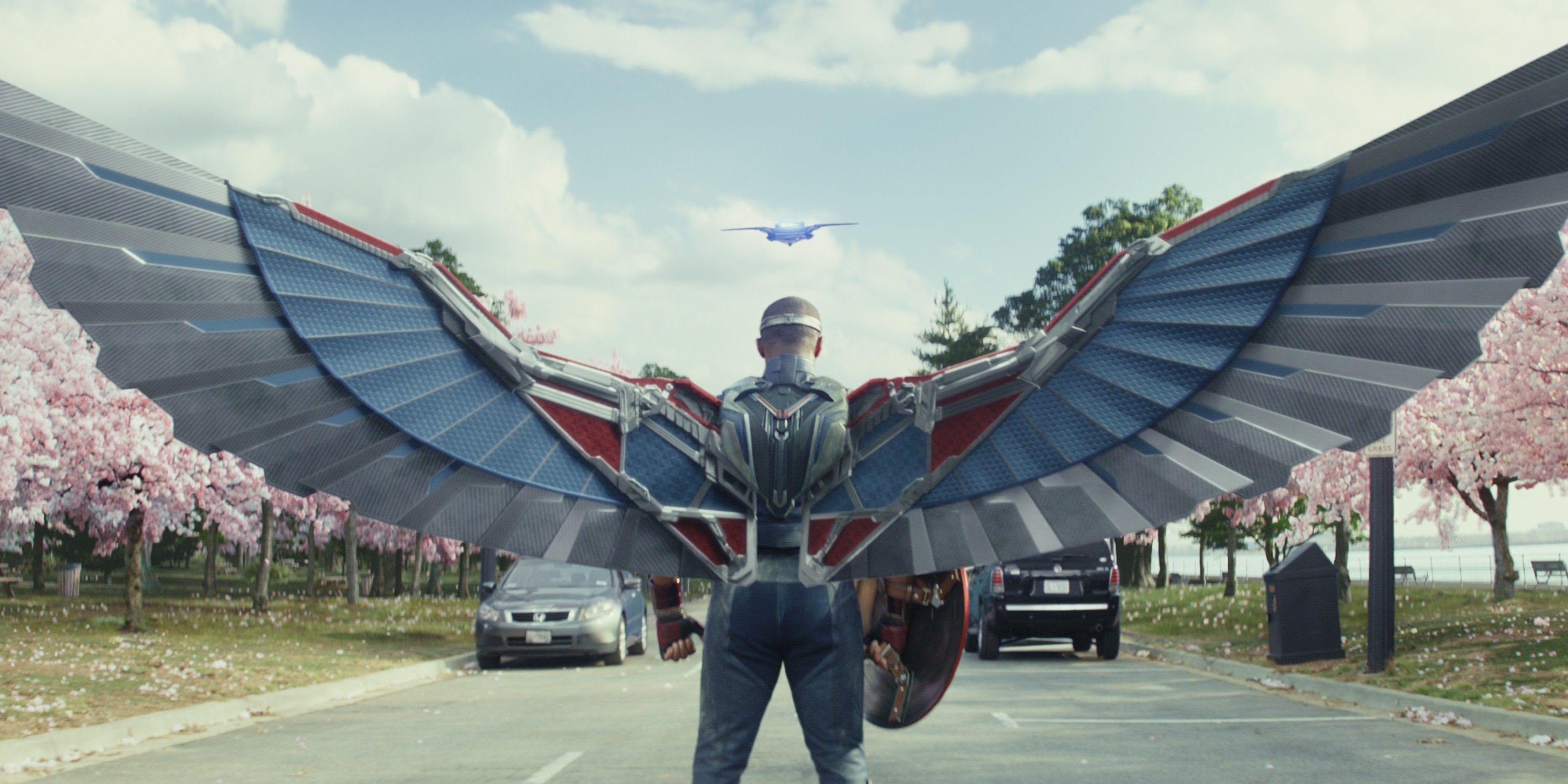 Anthony Mackie As Sam Wilson In Full Captain America Costume With His Wings Spread And His Back To The Camera In A Tree-Lined Street In Captain America Brave New World