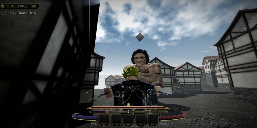 Игрок атакует Титана в Attack on Titan Revolution в Roblox.