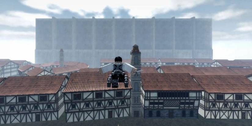 Игрок летит в Attack on Titan Revolution в Roblox.